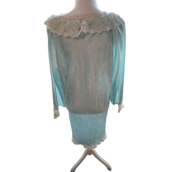 Vintage 80s Light Mint Green Nightgown Size M Lace Long Sleeve Nightie Romantic - Picture 4 of 6
